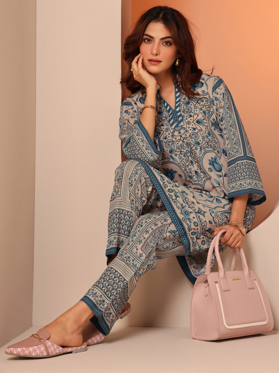 Off White Printed Cotton Blend Co-Ord Sets