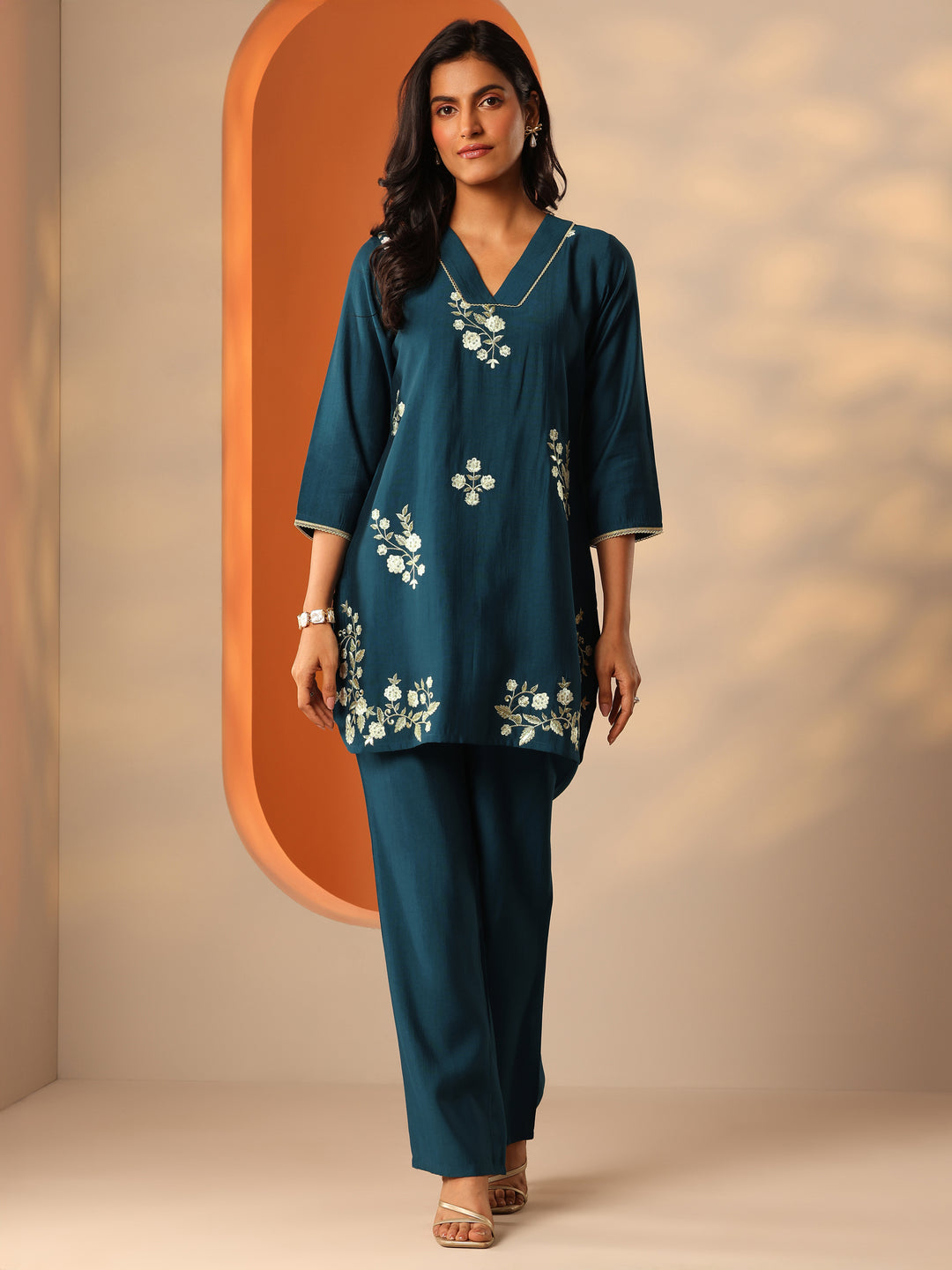  Teal Embroidered Silk Blend Co-Ord Sets 