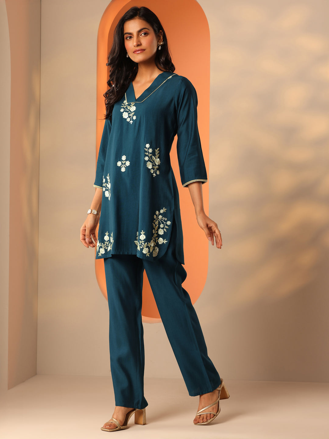 Teal Embroidered Silk Blend Co-Ord Sets 