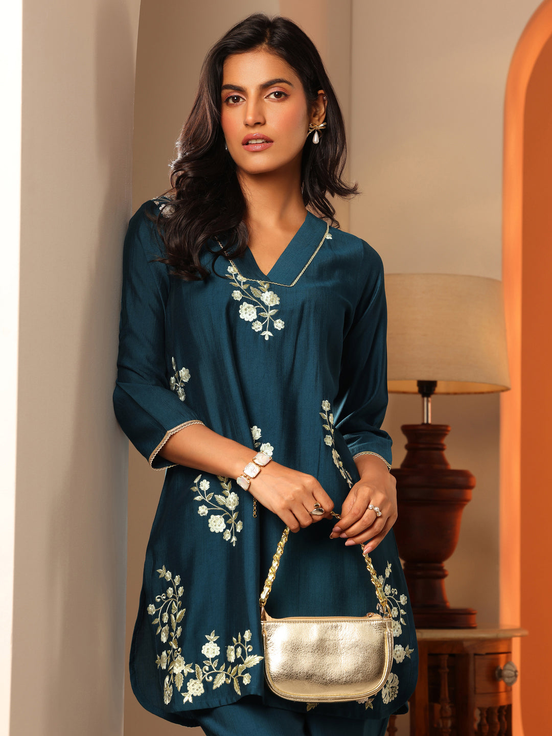  Teal Embroidered Silk Blend Co-Ord Sets 