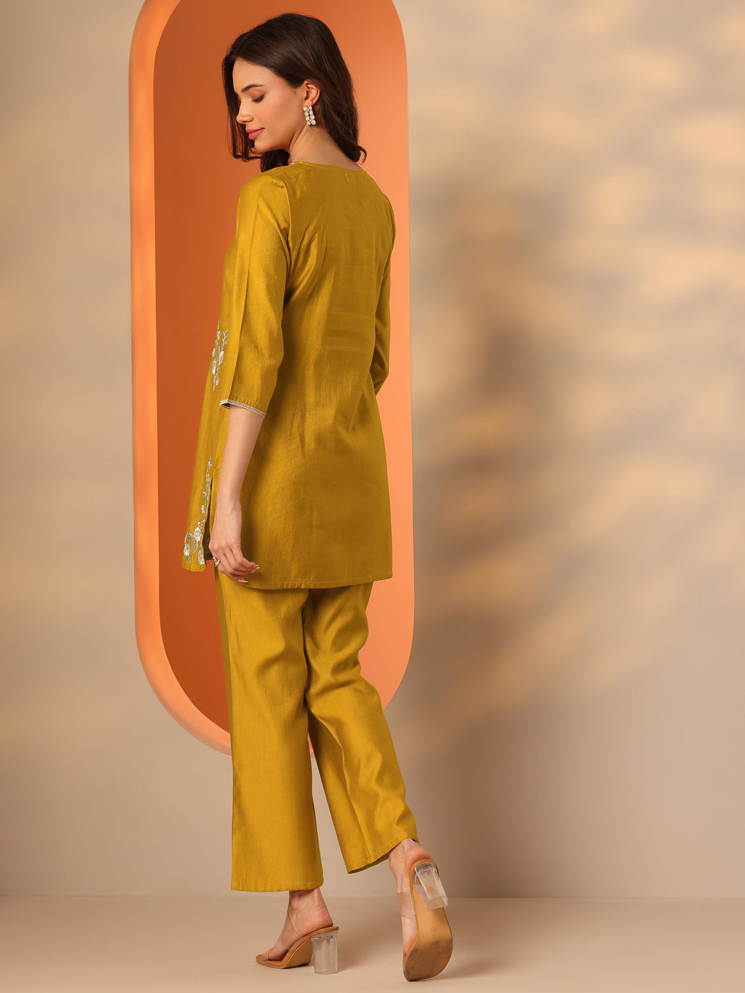  Mustard Embroidered Silk Blend Co-Ord Sets 
