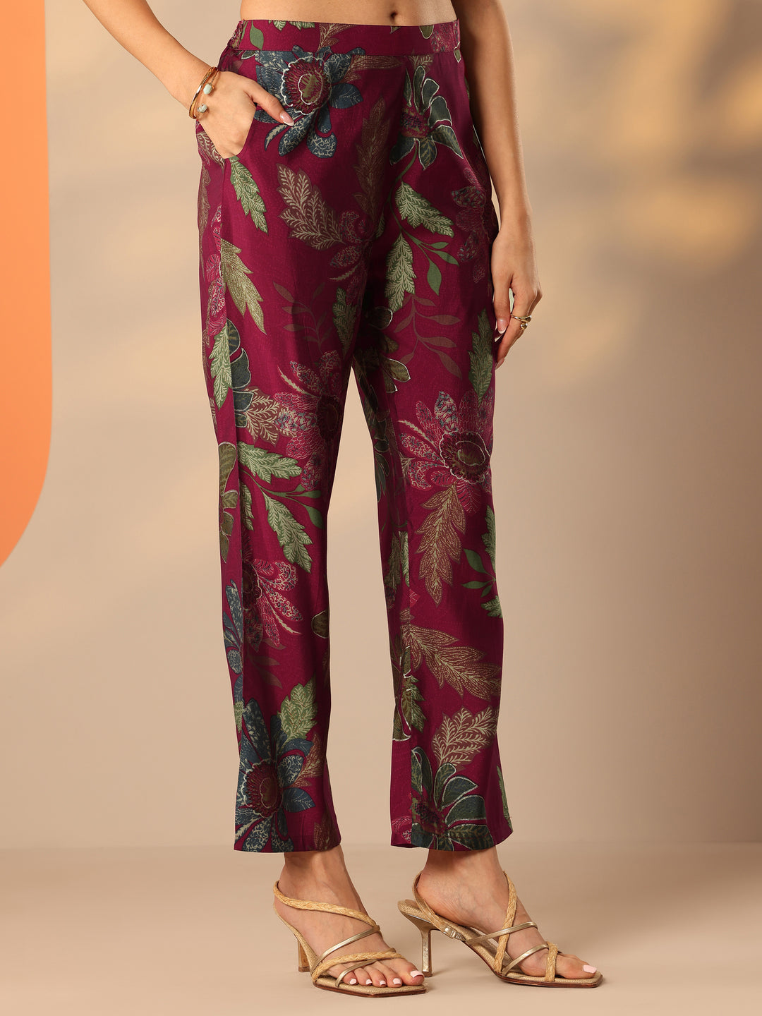  Maroon Printed Silk Blend Co-Ord Sets 