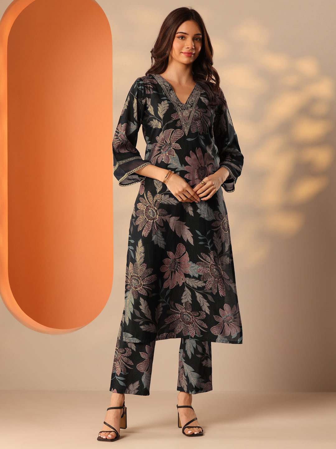  Black Printed Silk Blend Co-Ord Sets 
