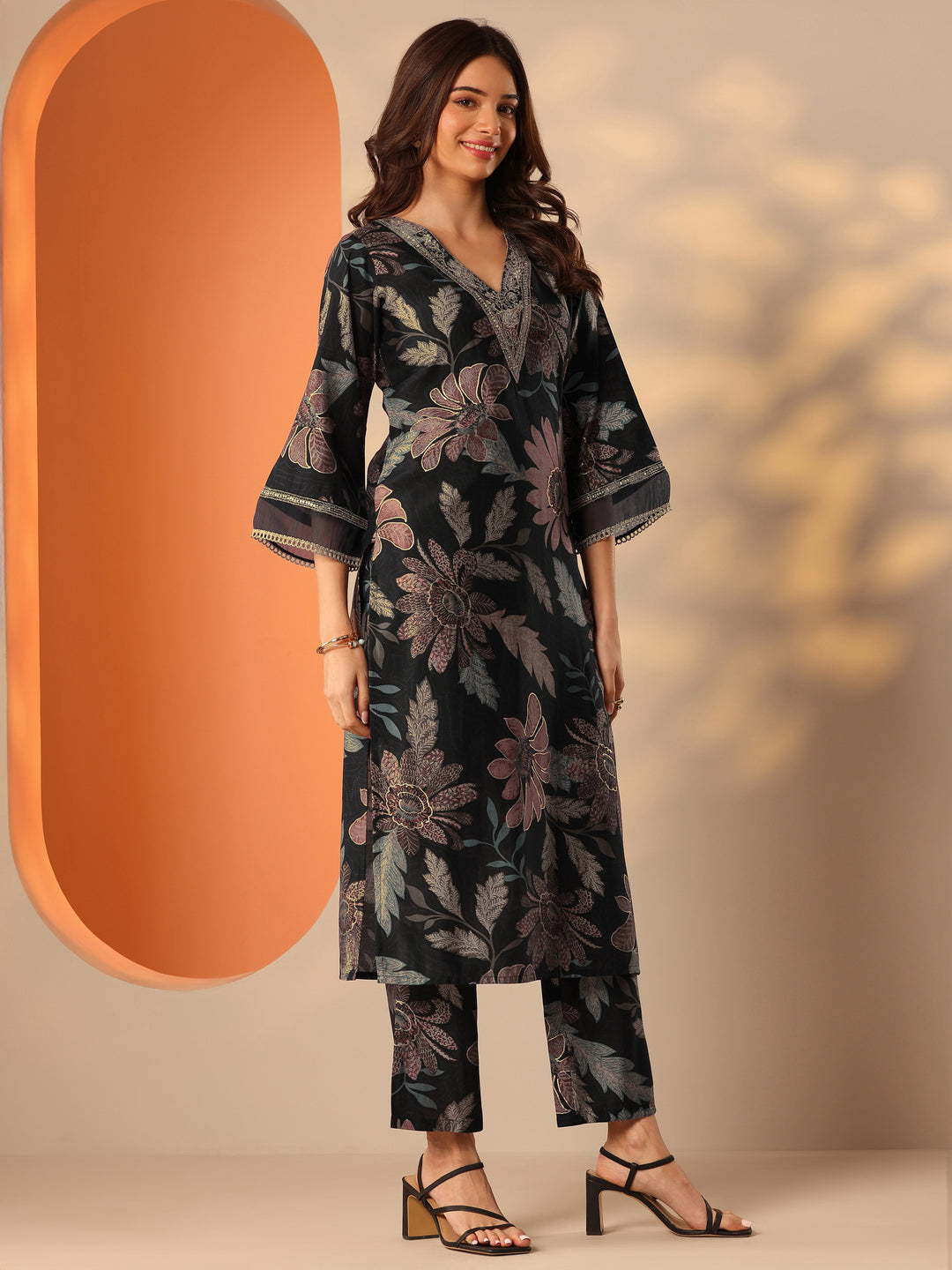  Black Printed Silk Blend Co-Ord Sets 