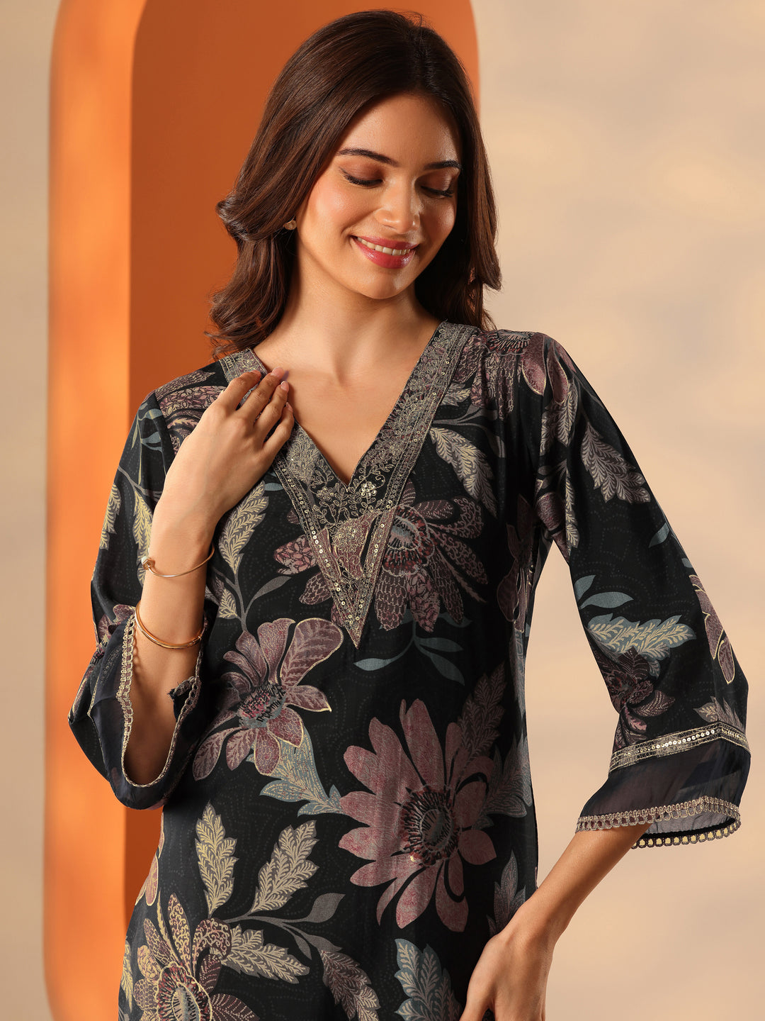  Black Printed Silk Blend Co-Ord Sets 
