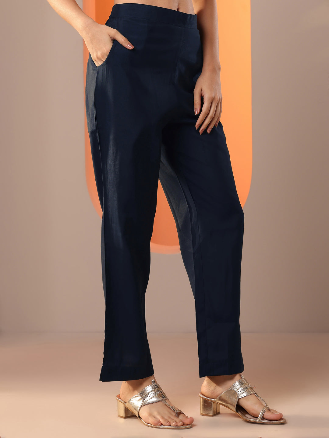  Navy Blue Embellished Silk Blend Straight Kurta Set 