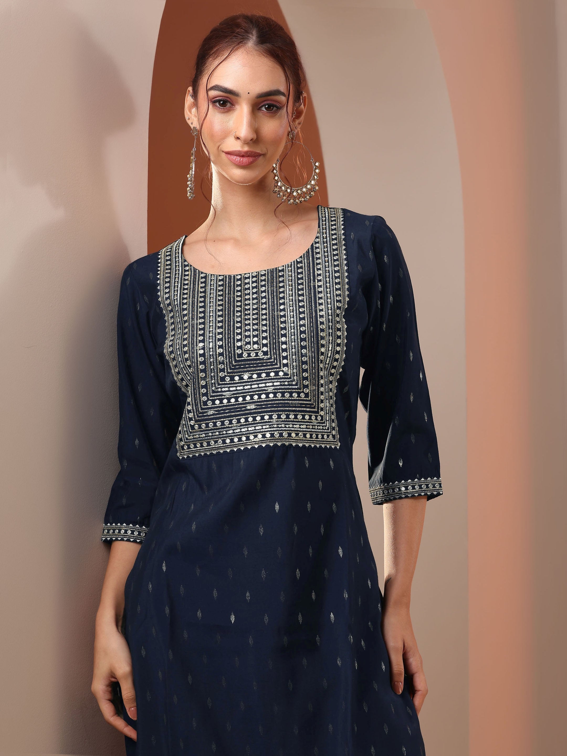 libas Navy Blue Embellished Silk Blend Straight Kurta Set-picture-50