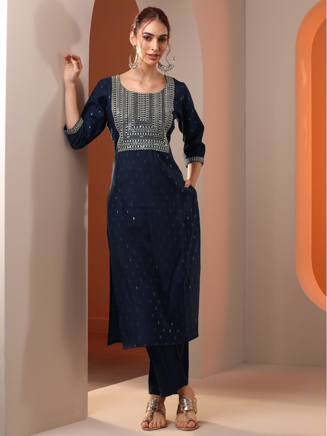  Navy Blue Embellished Silk Blend Straight Kurta Set 