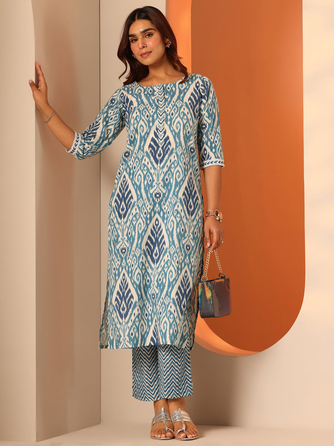  Blue Printed Cotton Straight Kurta Set 