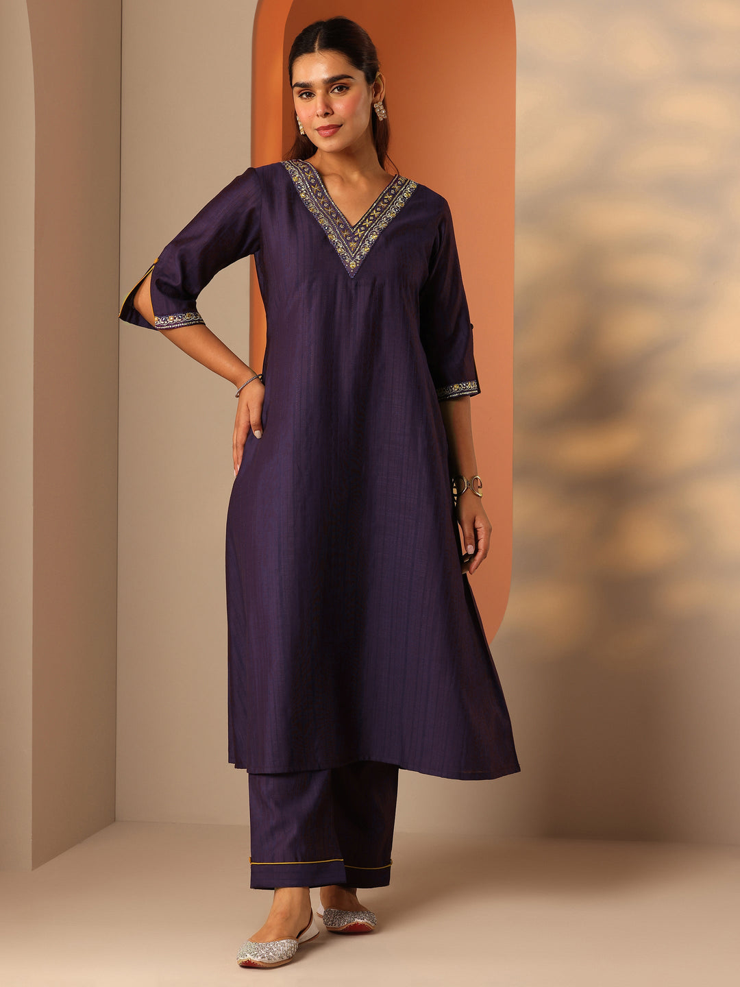  Purple Embellished Silk Blend A-Line Kurta Set 