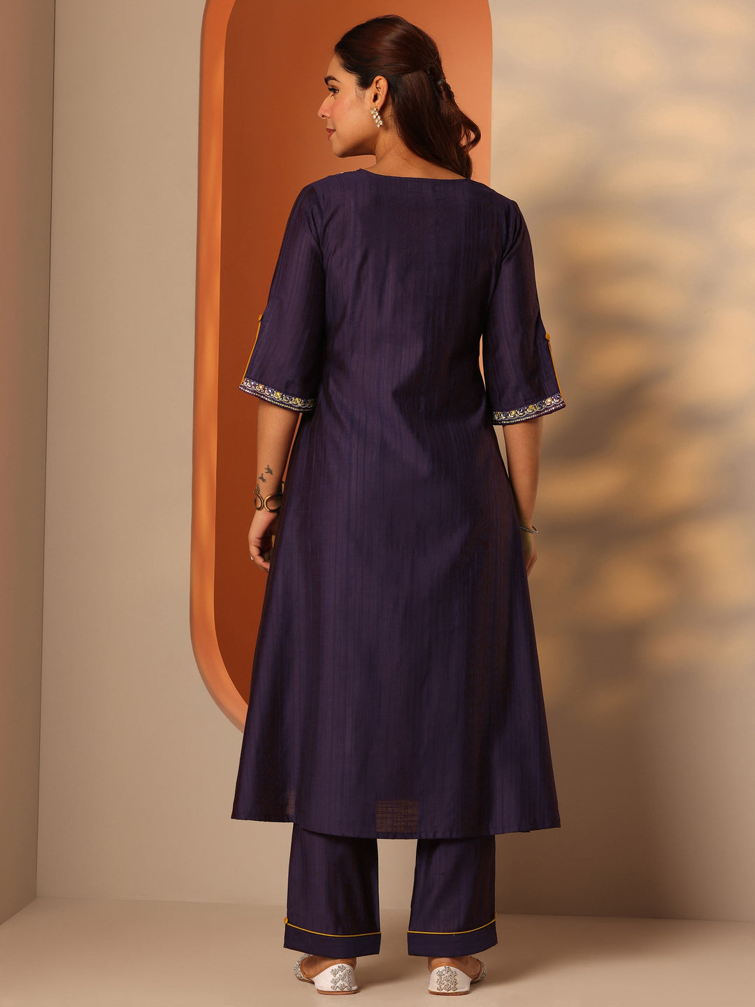  Purple Embellished Silk Blend A-Line Kurta Set 