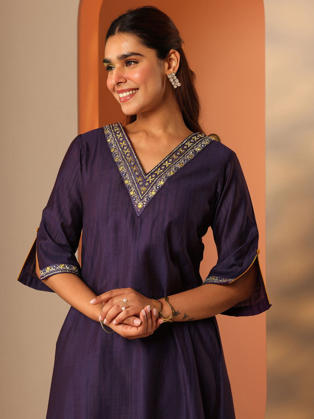  Purple Embellished Silk Blend A-Line Kurta Set 