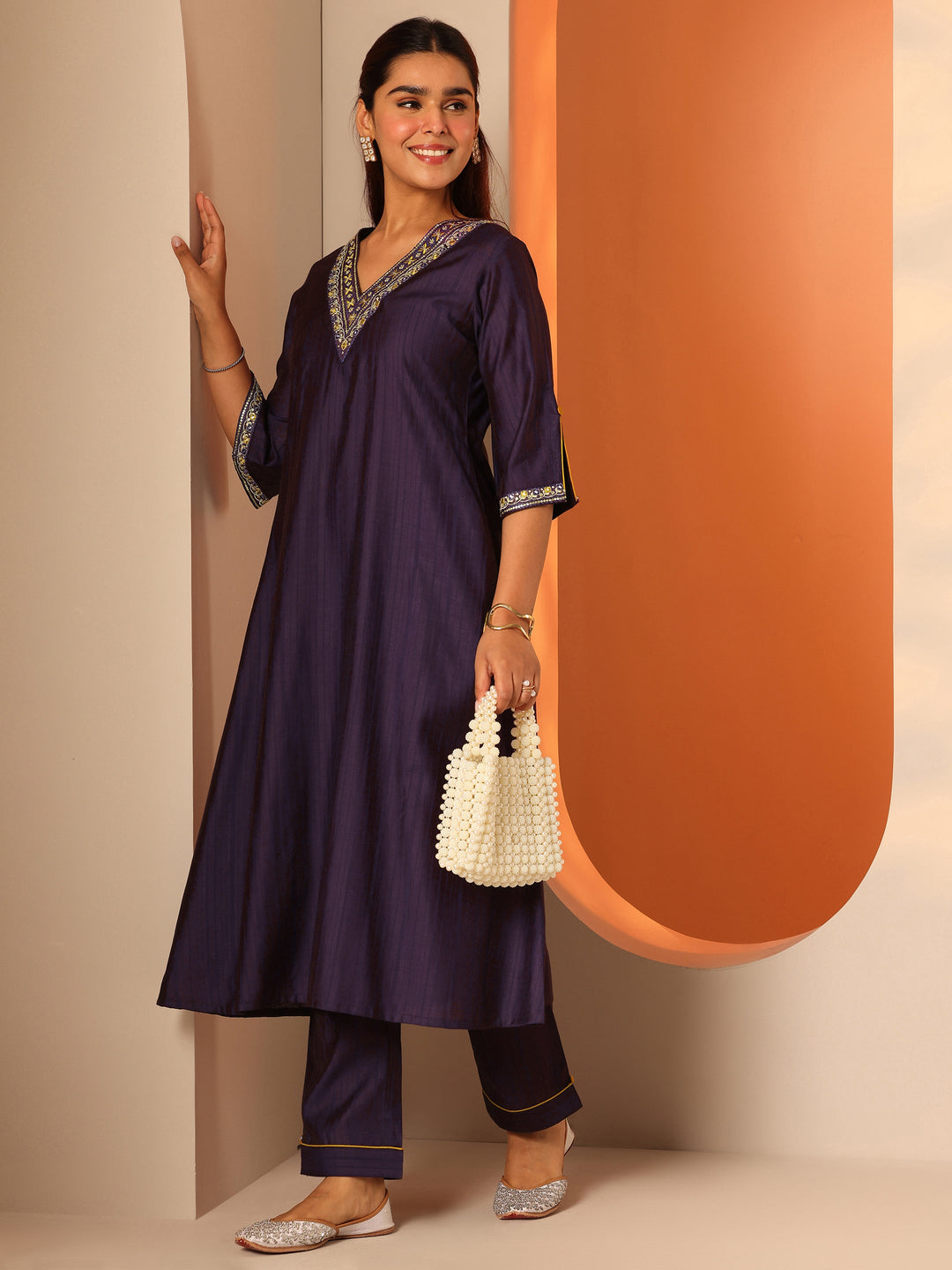  Purple Embellished Silk Blend A-Line Kurta Set 