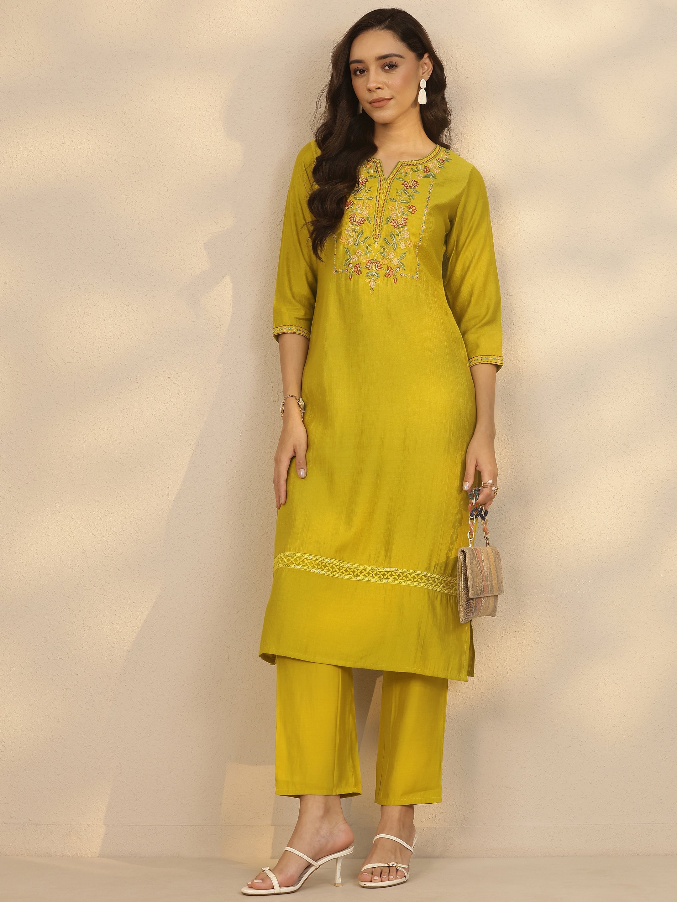 libas Green Embroidered Silk Blend Straight Kurta Set-picture-61