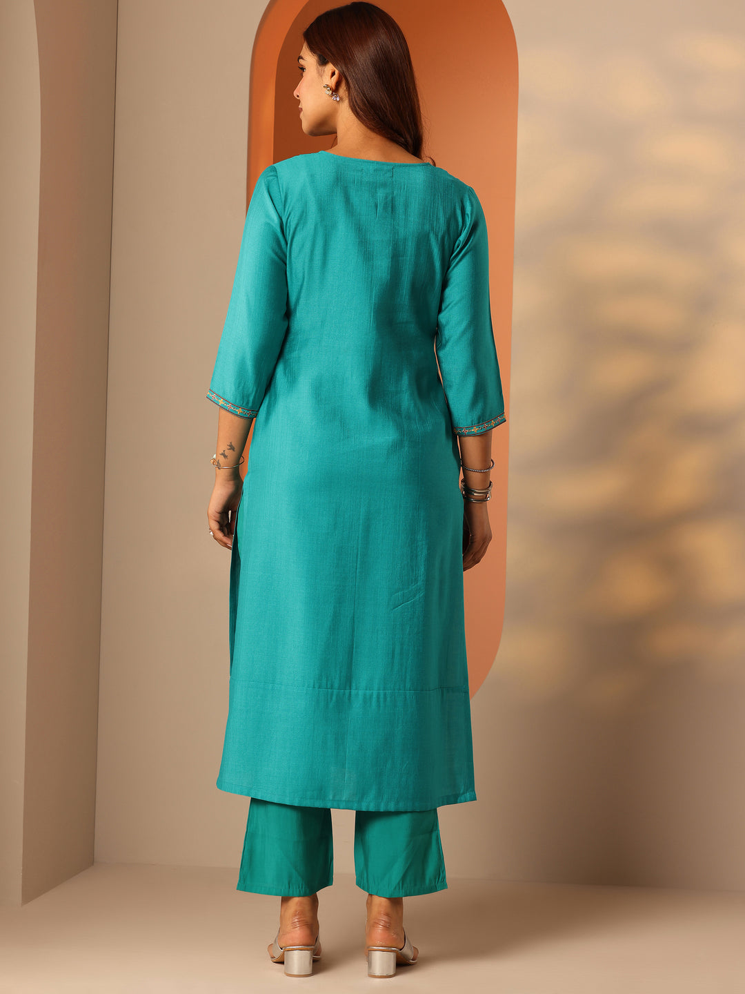  Turquoise Blue Embroidered Silk Blend Straight Kurta Set 