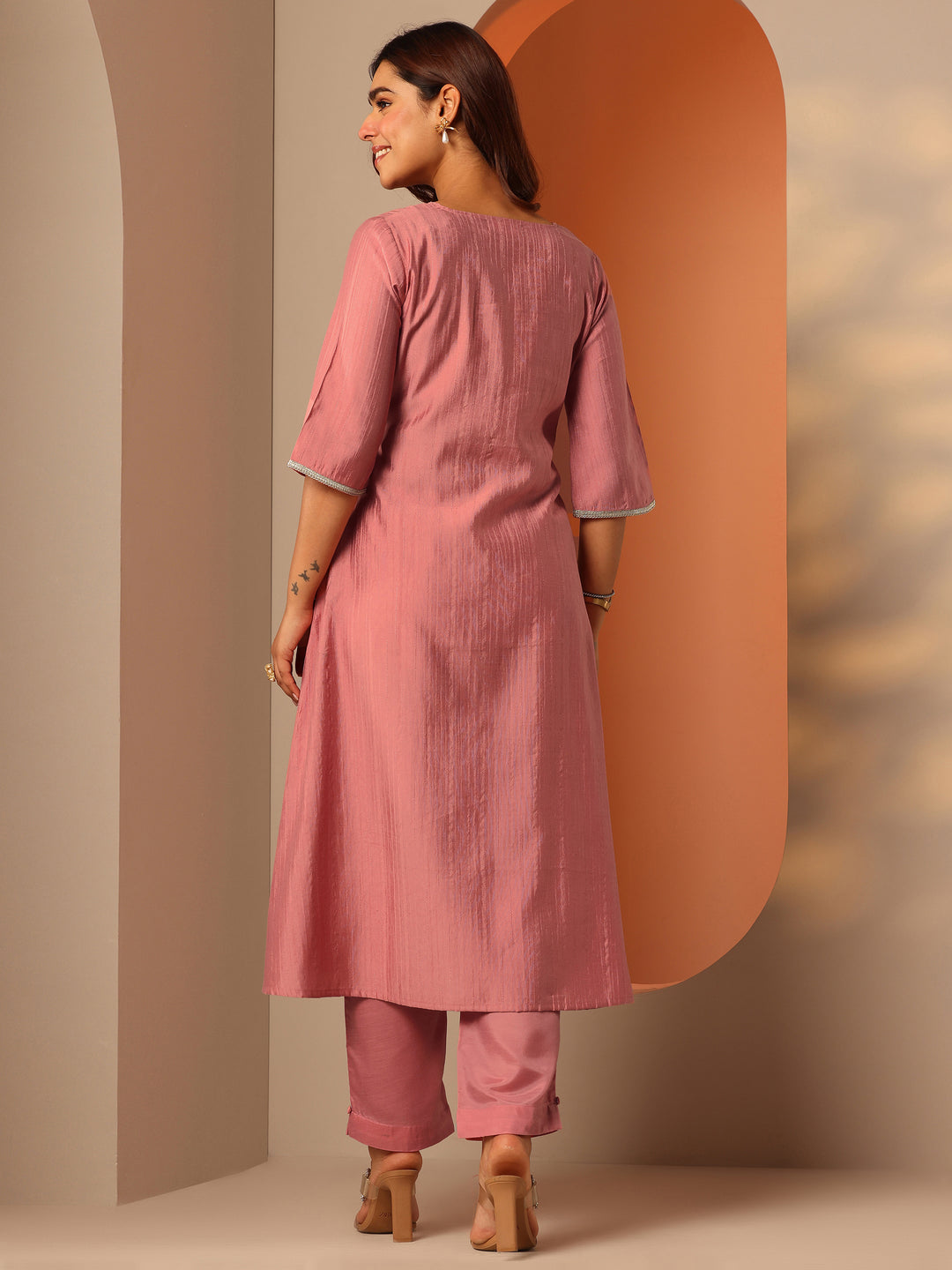  Peach Embroidered Silk Blend A-Line Kurta Set 