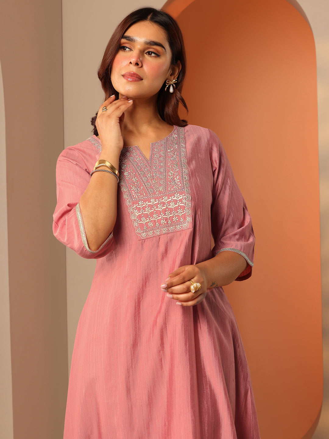  Peach Embroidered Silk Blend A-Line Kurta Set 