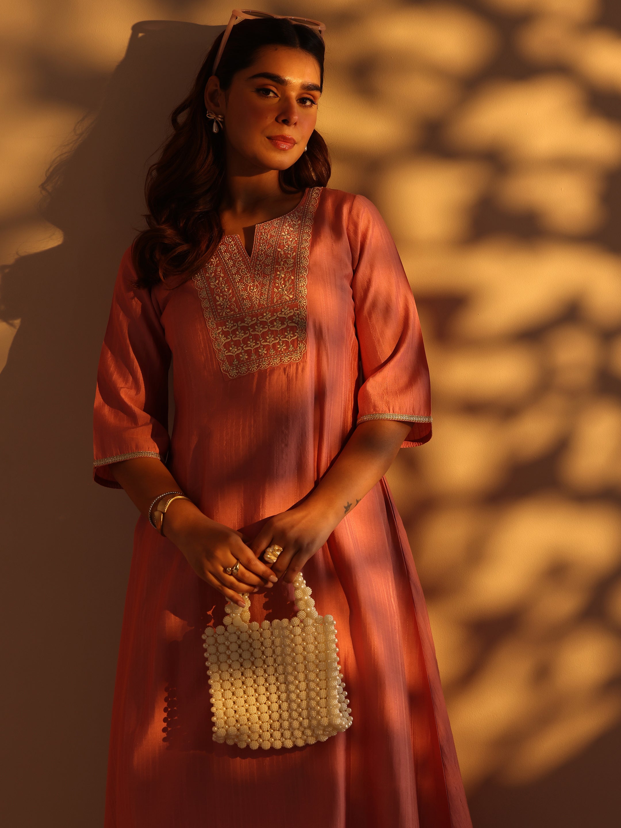 Peach Embroidered Silk Blend A-Line Kurta Set-image-44