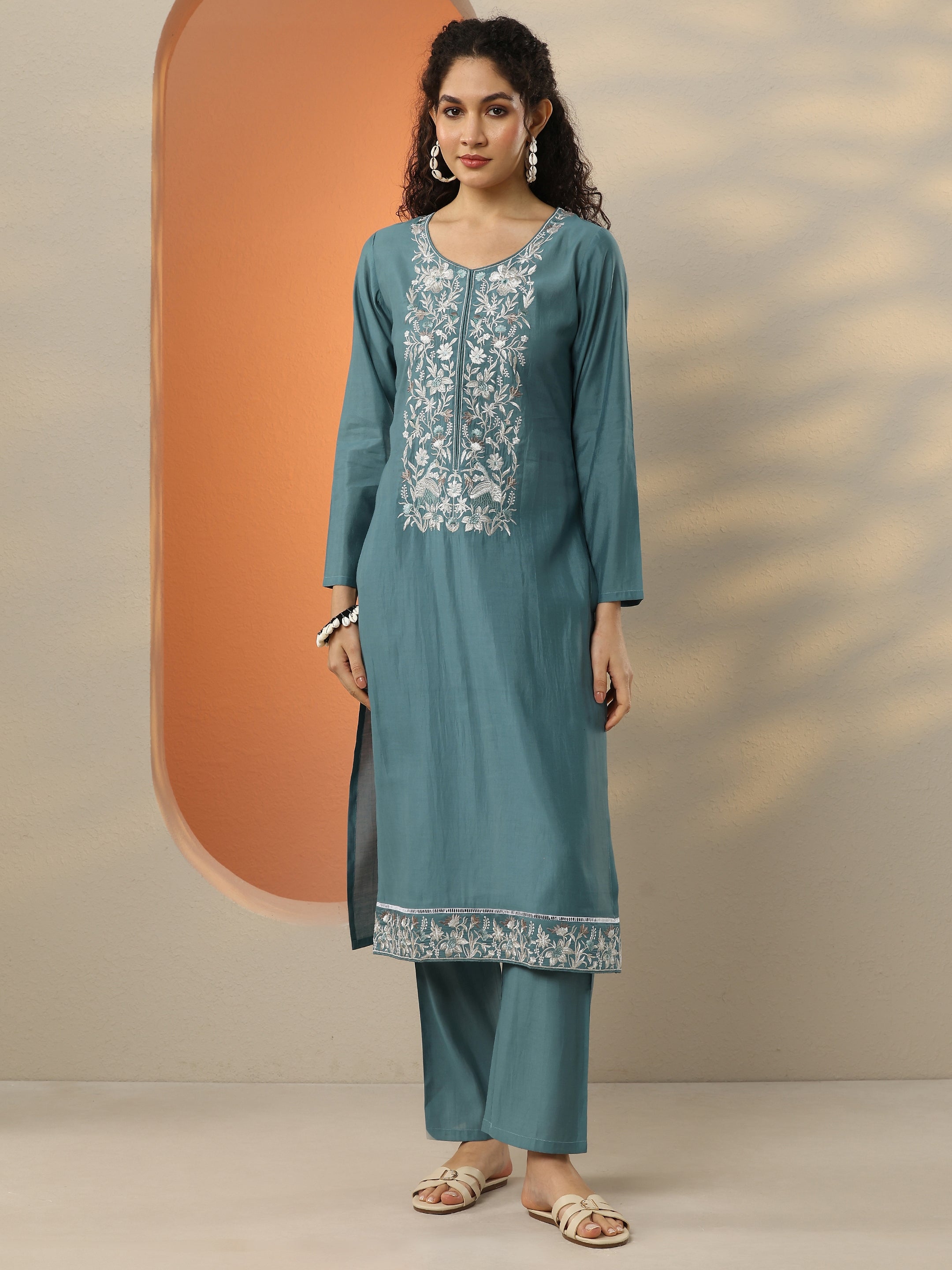 libas Blue Embroidered Silk Blend Straight Kurta Set-picture-23