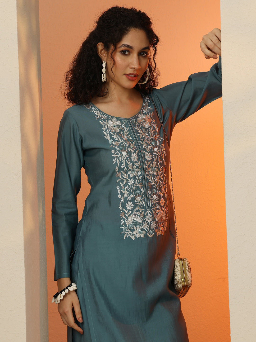  Blue Embroidered Silk Blend  Straight Kurta Set 
