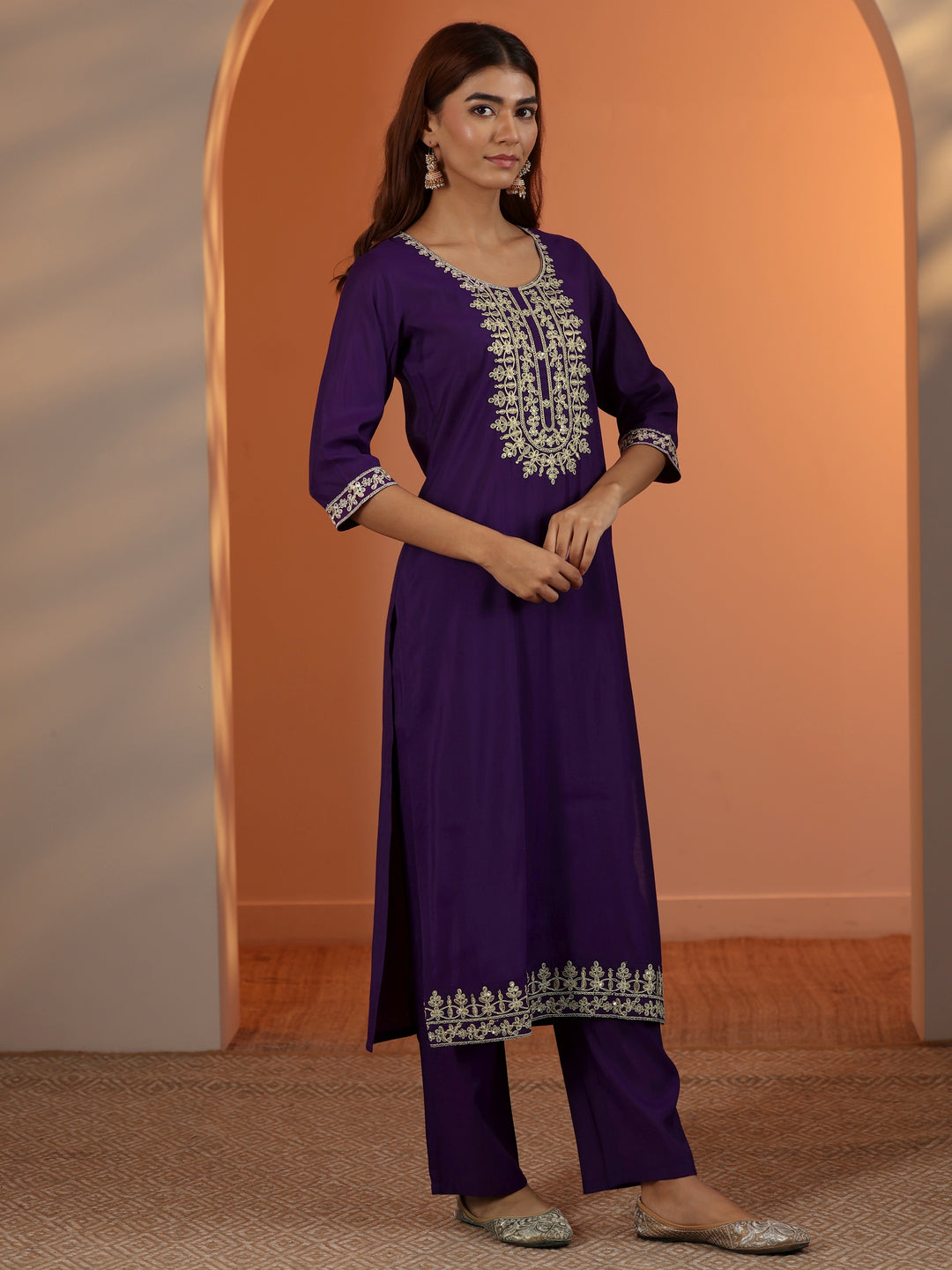  Purple Embroidered Silk Blend Straight Kurta Set 