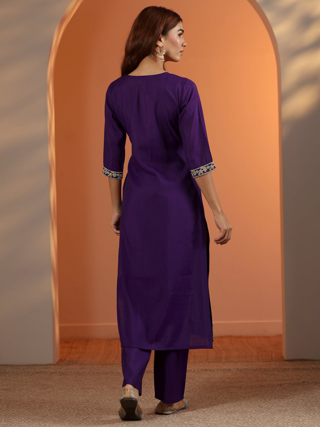  Purple Embroidered Silk Blend Straight Kurta Set 