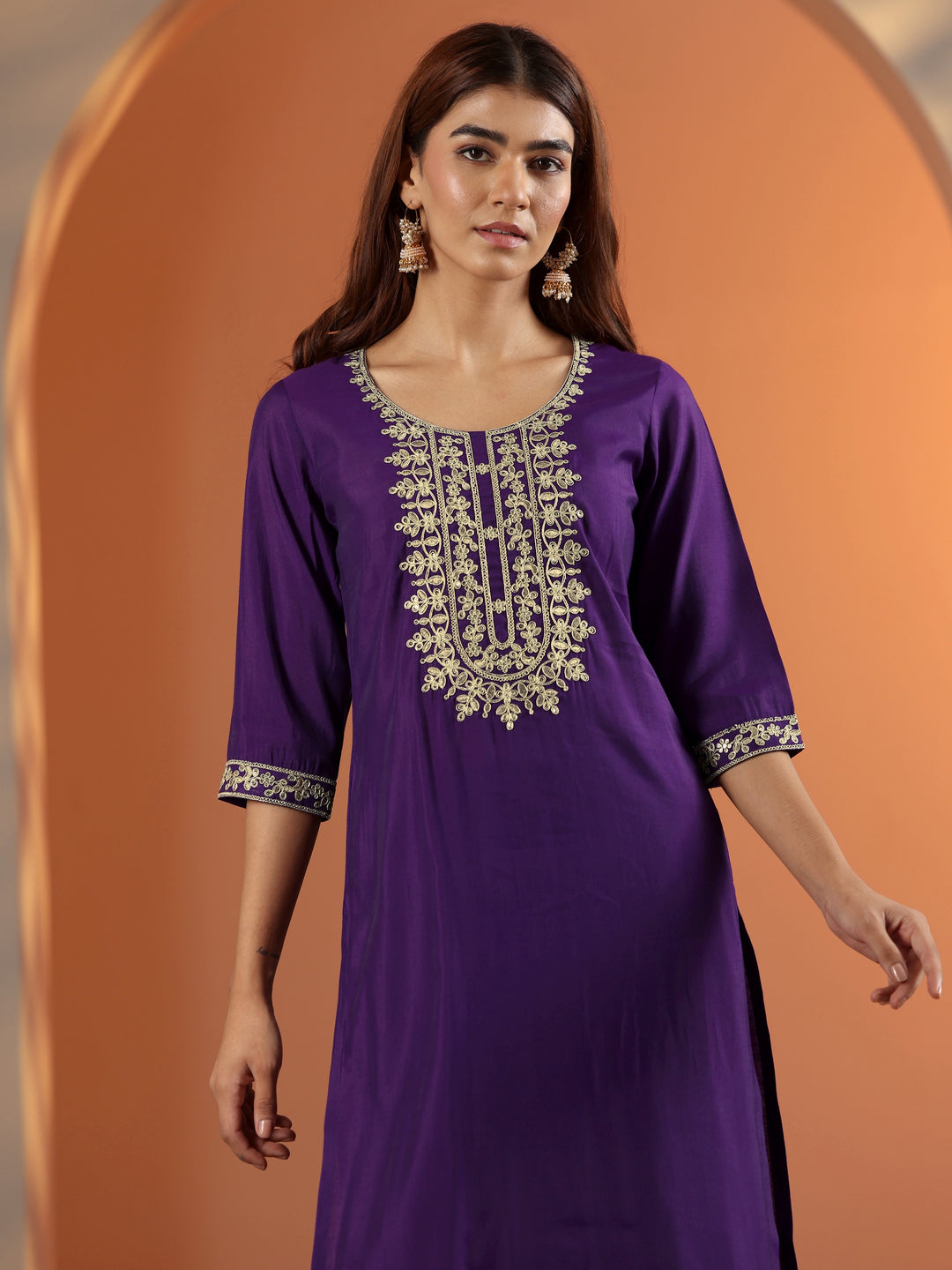  Purple Embroidered Silk Blend Straight Kurta Set 