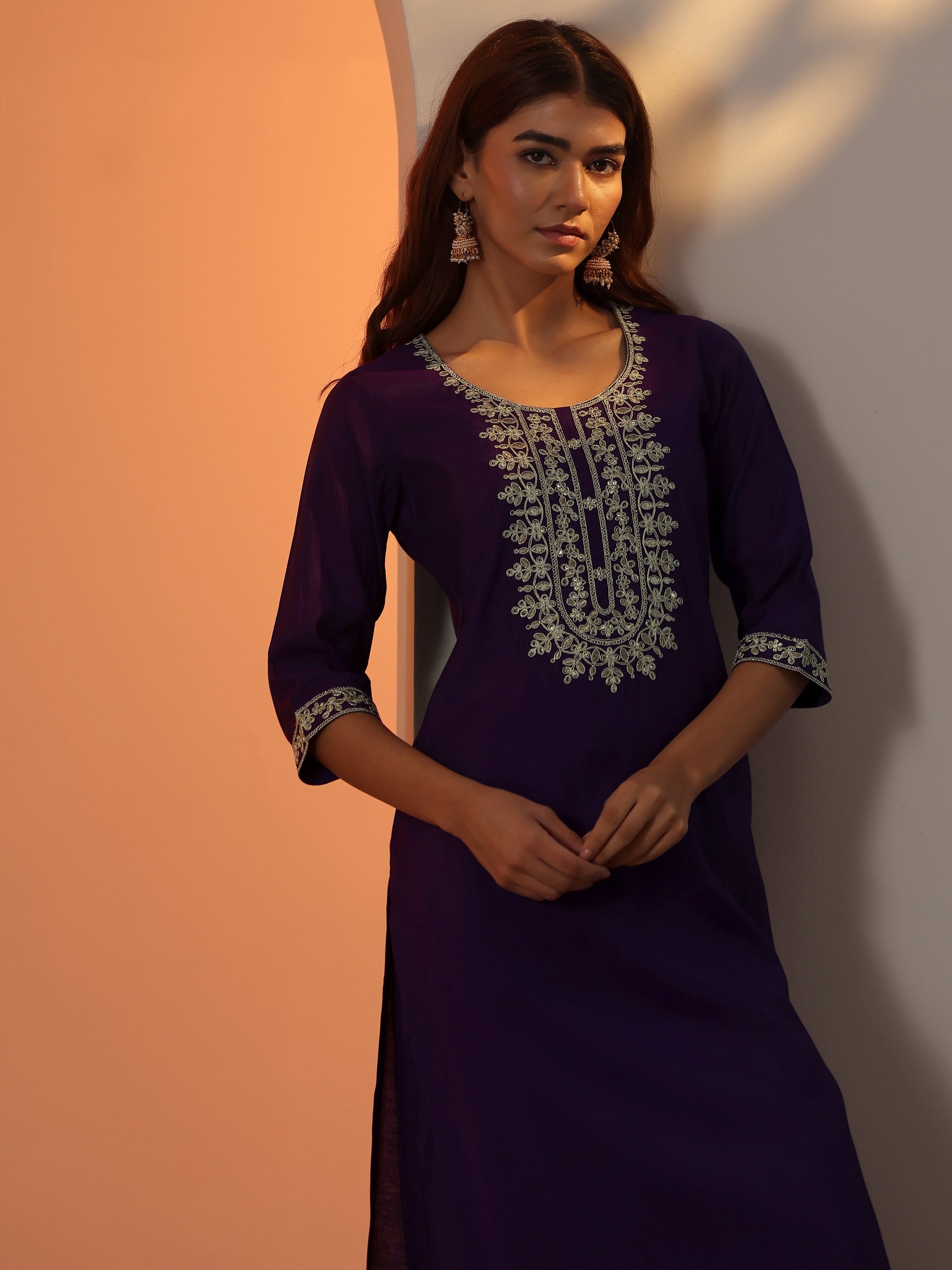 libas Purple Embroidered Silk Blend Straight Kurta Set-picture-21