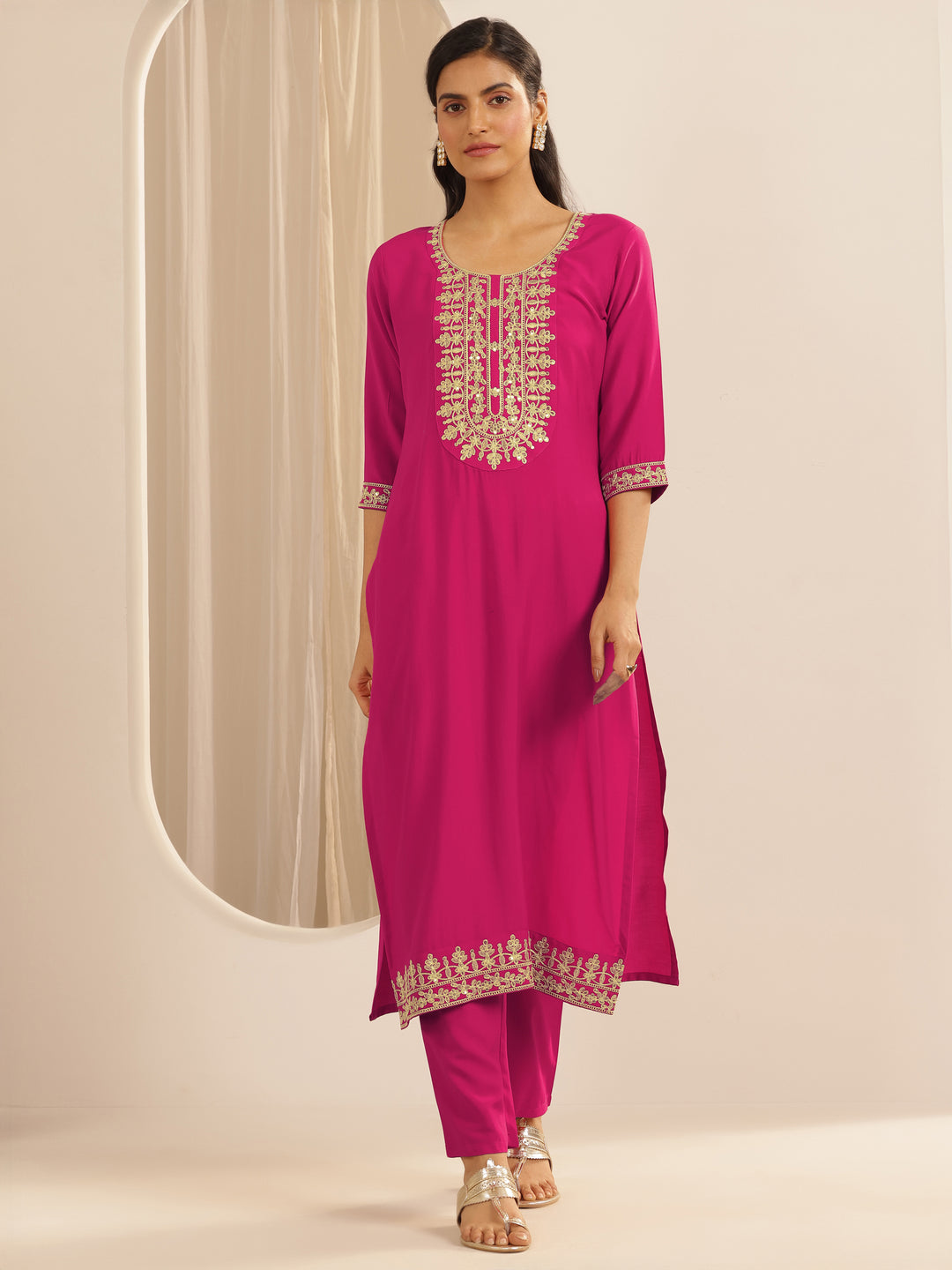  Pink Embroidered Silk Blend Straight Kurta Set 