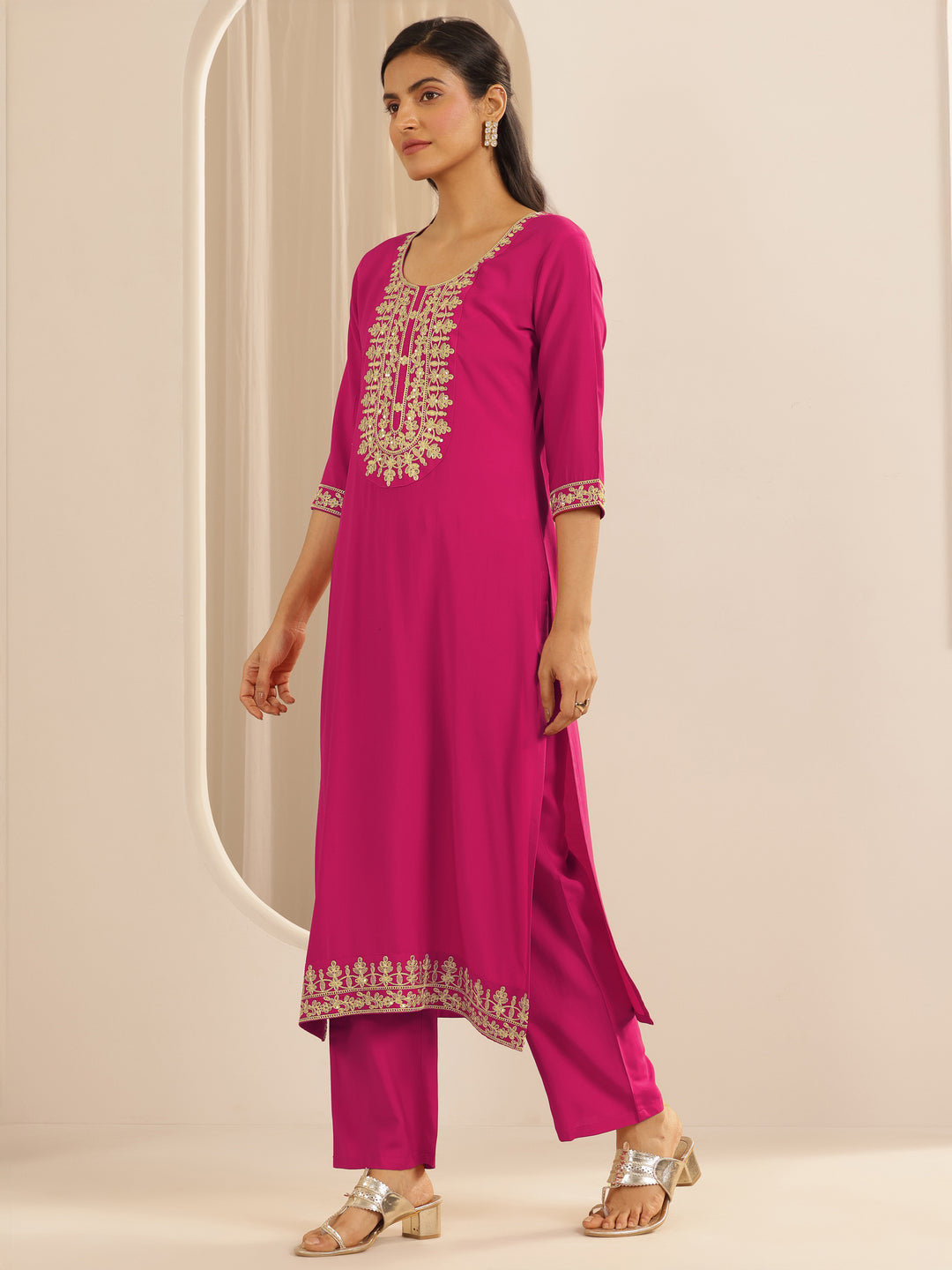  Pink Embroidered Silk Blend Straight Kurta Set 
