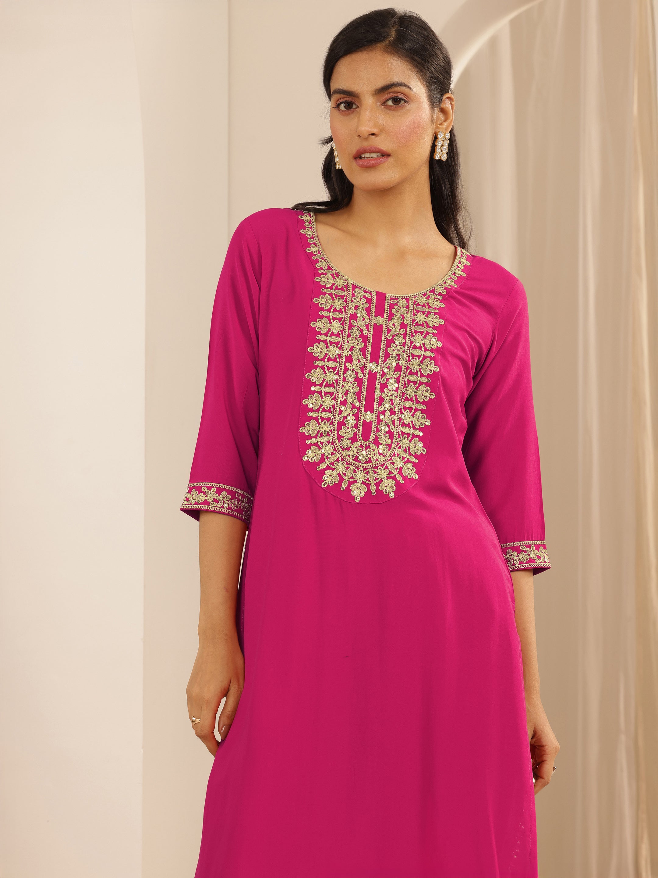 libas Pink Embroidered Silk Blend Straight Kurta Set-picture-65