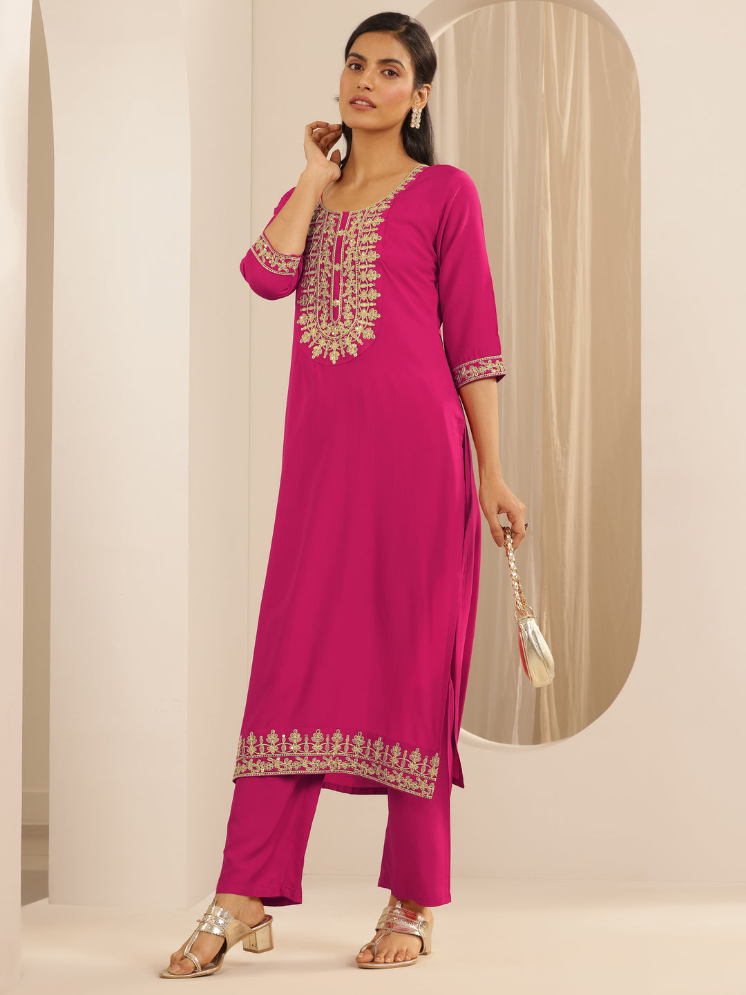  Pink Embroidered Silk Blend Straight Kurta Set 
