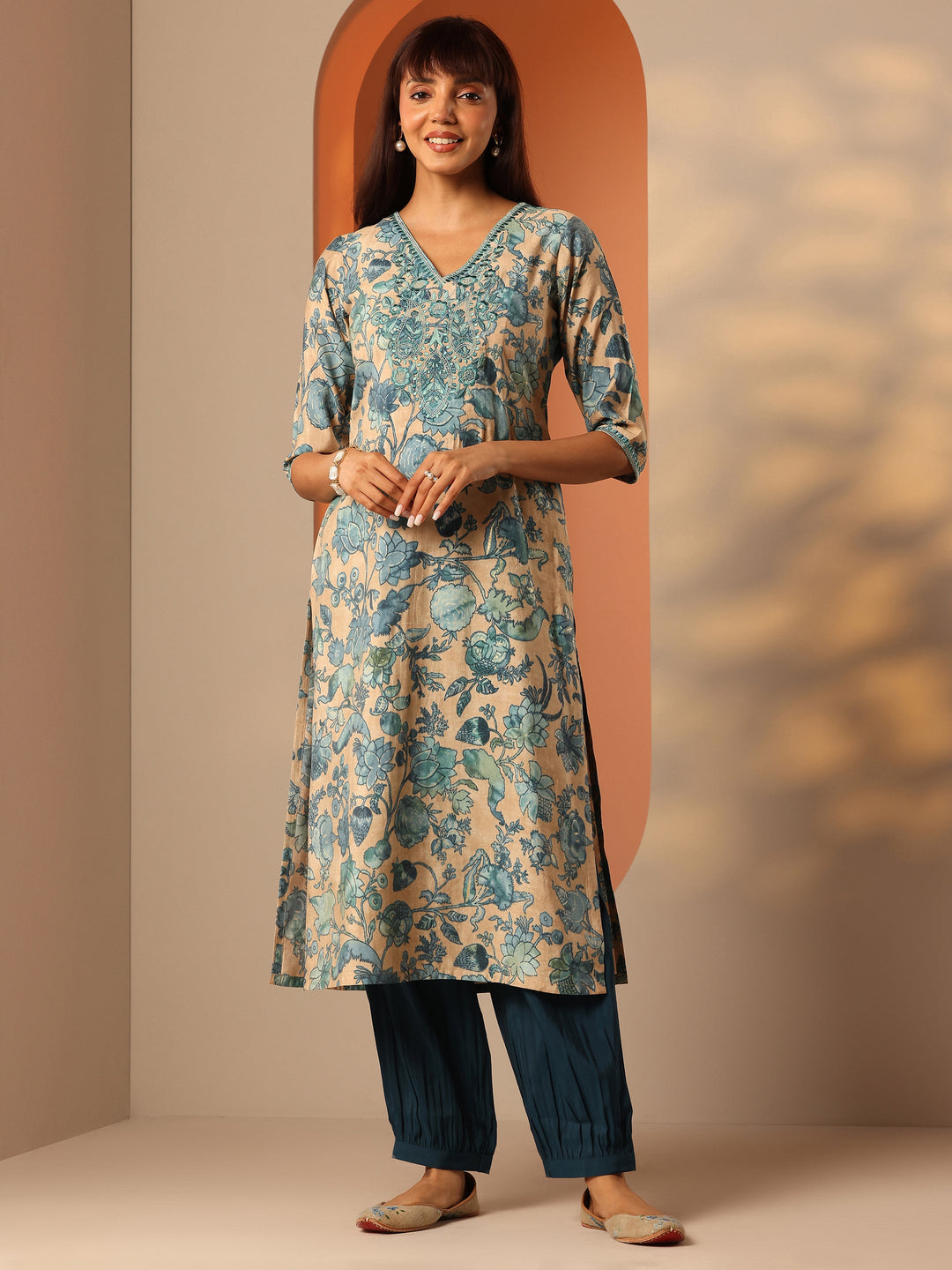  Beige Printed Silk Blend Straight Kurta Set 