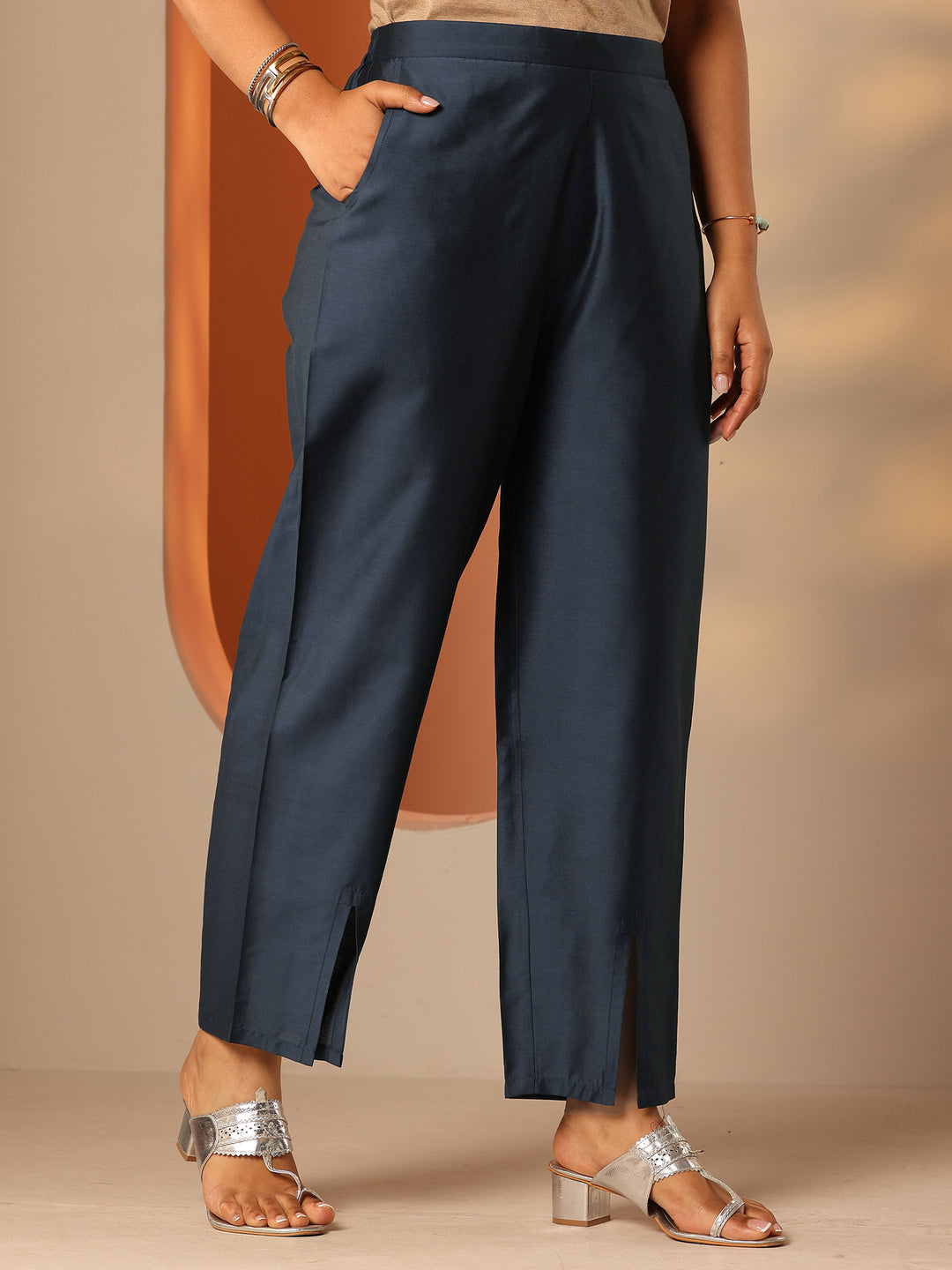  Blue Printed Silk Blend Straight Kurta Set 