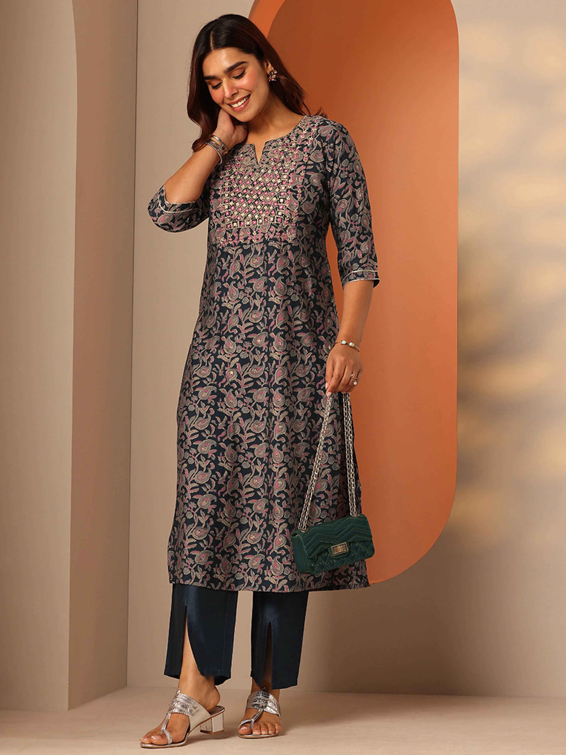 libas Blue Printed Silk Blend Straight Kurta Set-picture-67