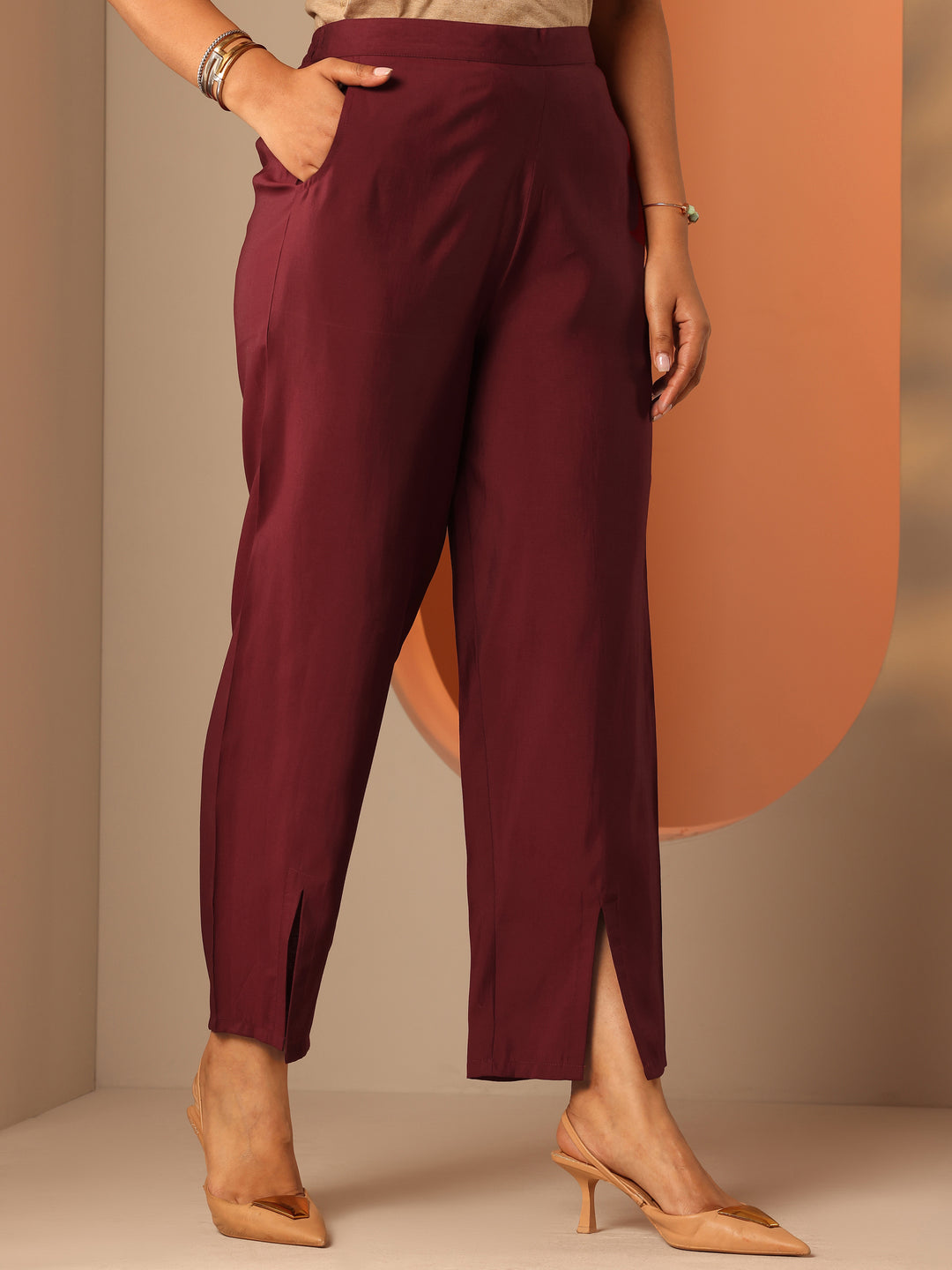  Maroon Printed Silk Blend Straight Kurta Set 