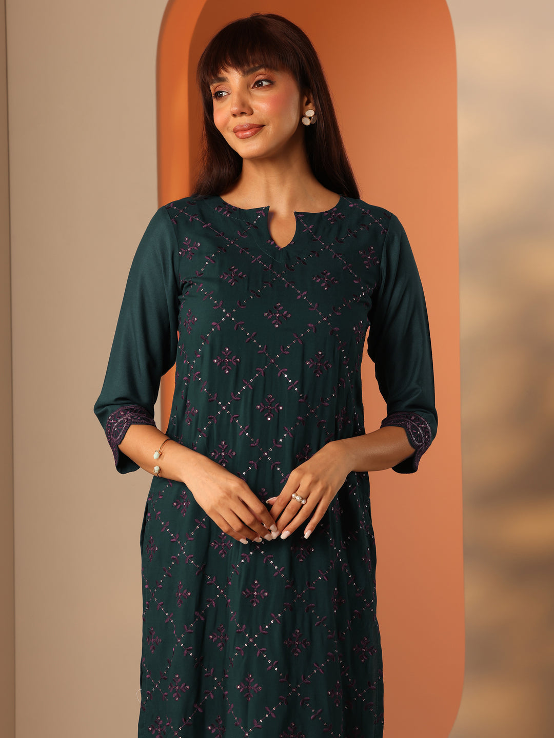  Green Embroidered Rayon Straight Kurta Set 