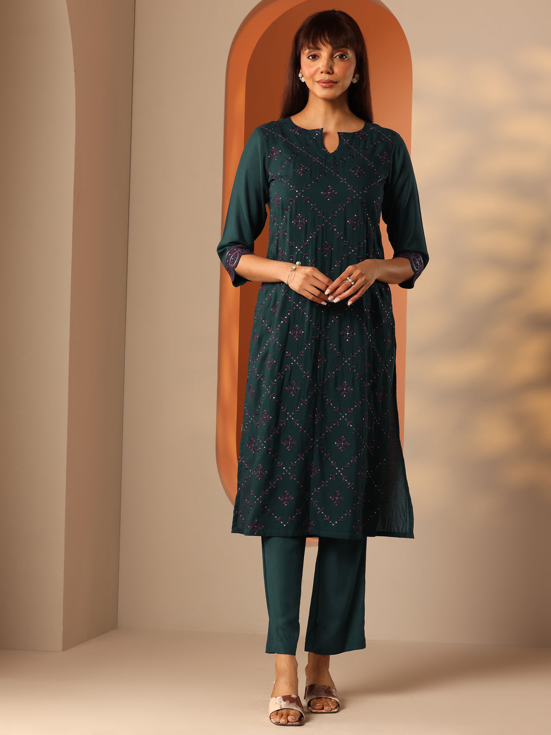  Green Embroidered Rayon Straight Kurta Set 
