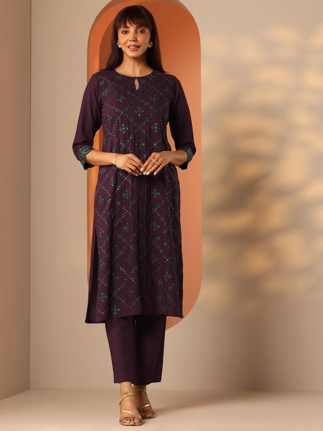  Burgundy Embroidered Rayon Straight Kurta Set 