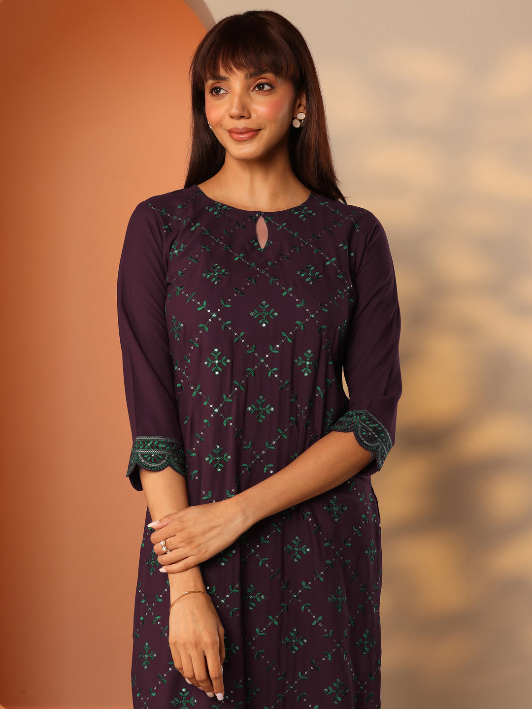  Burgundy Embroidered Rayon Straight Kurta Set 