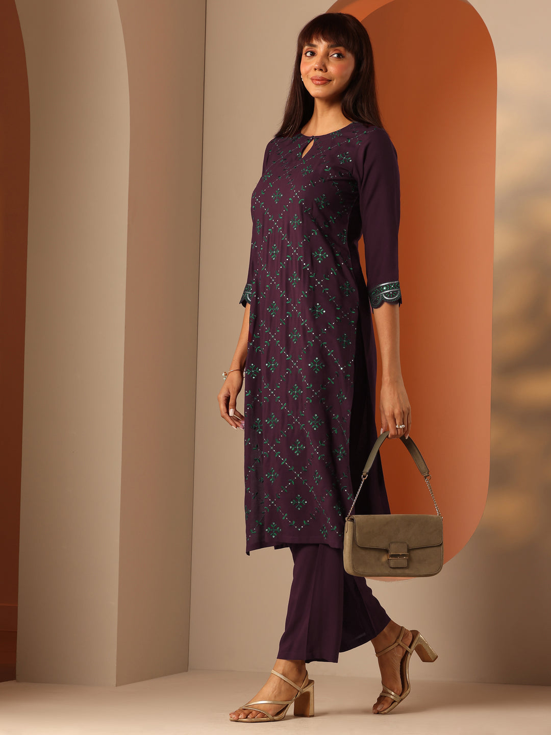  Burgundy Embroidered Rayon Straight Kurta Set 