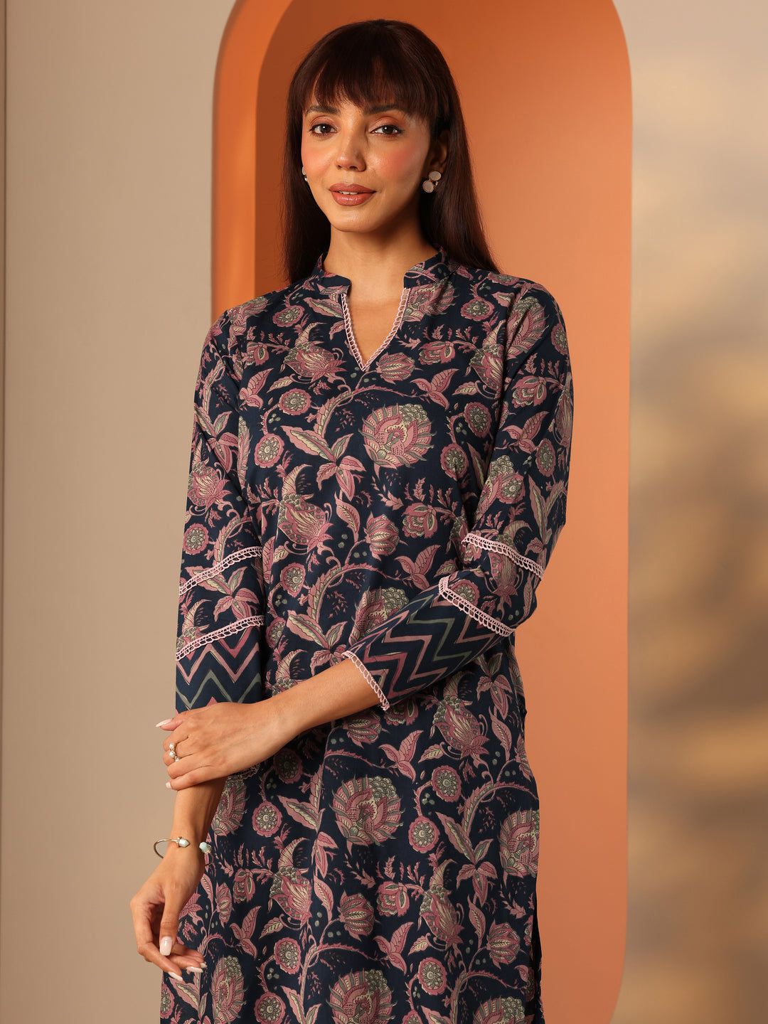  Blue Printed Cotton Straight Kurta Set 