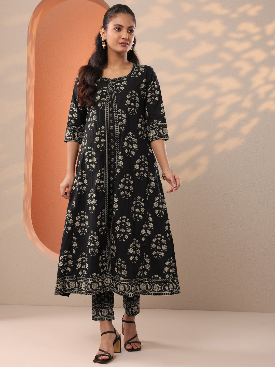  Black Printed Cotton A-Line Suit Set With Jacket 
