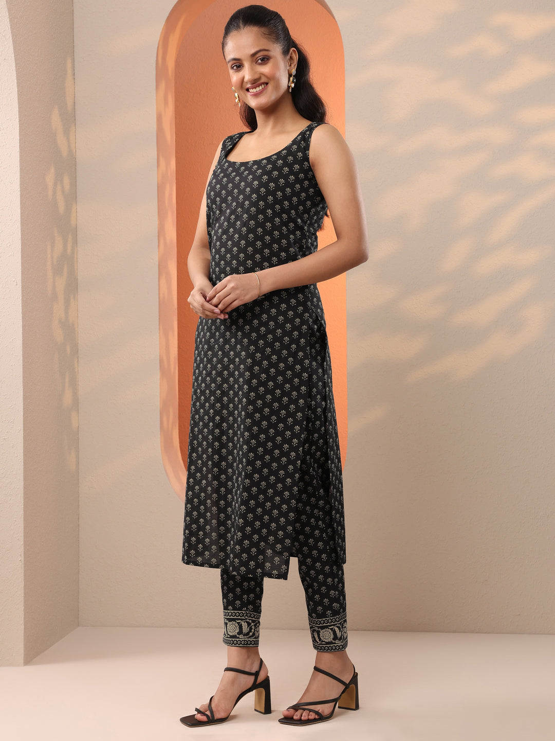  Black Printed Cotton A-Line Suit Set With Jacket 