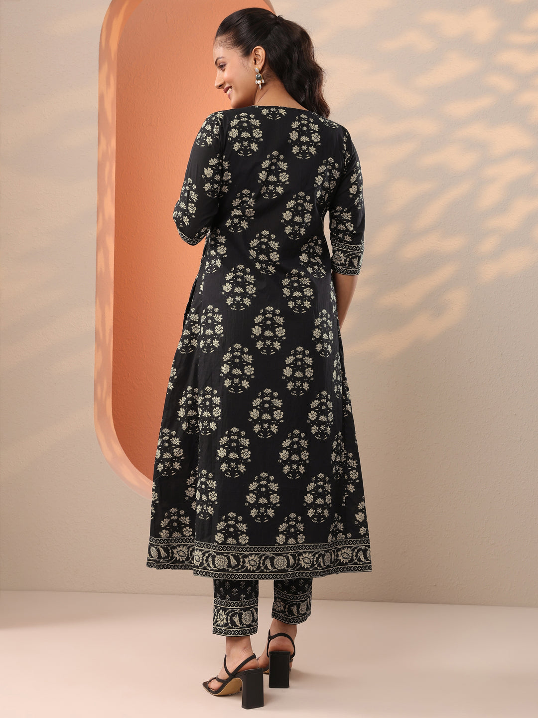  Black Printed Cotton A-Line Suit Set With Jacket 