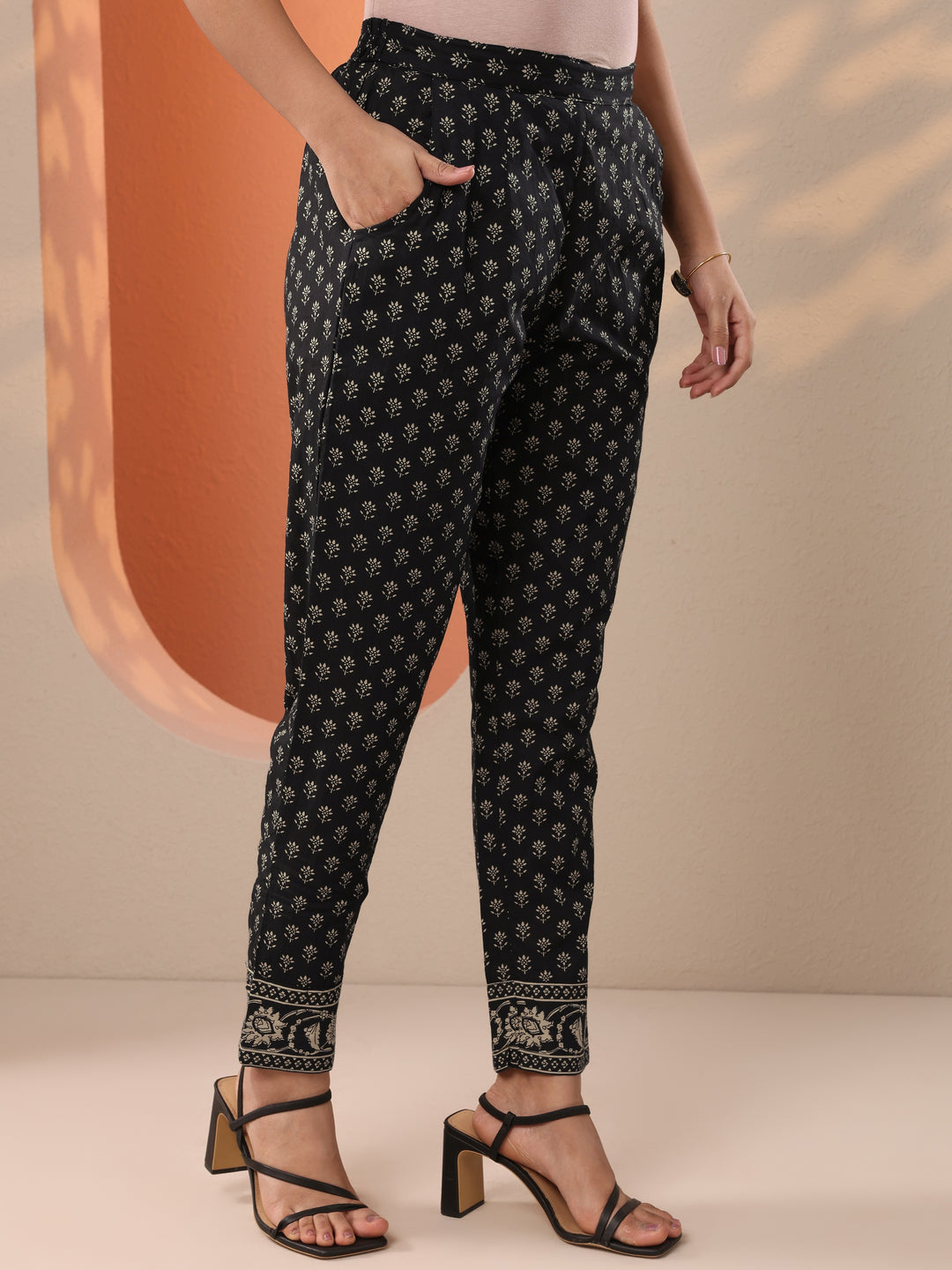  Black Printed Cotton A-Line Suit Set With Jacket 
