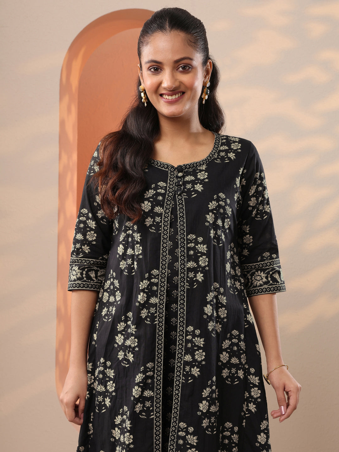  Black Printed Cotton A-Line Suit Set With Jacket 
