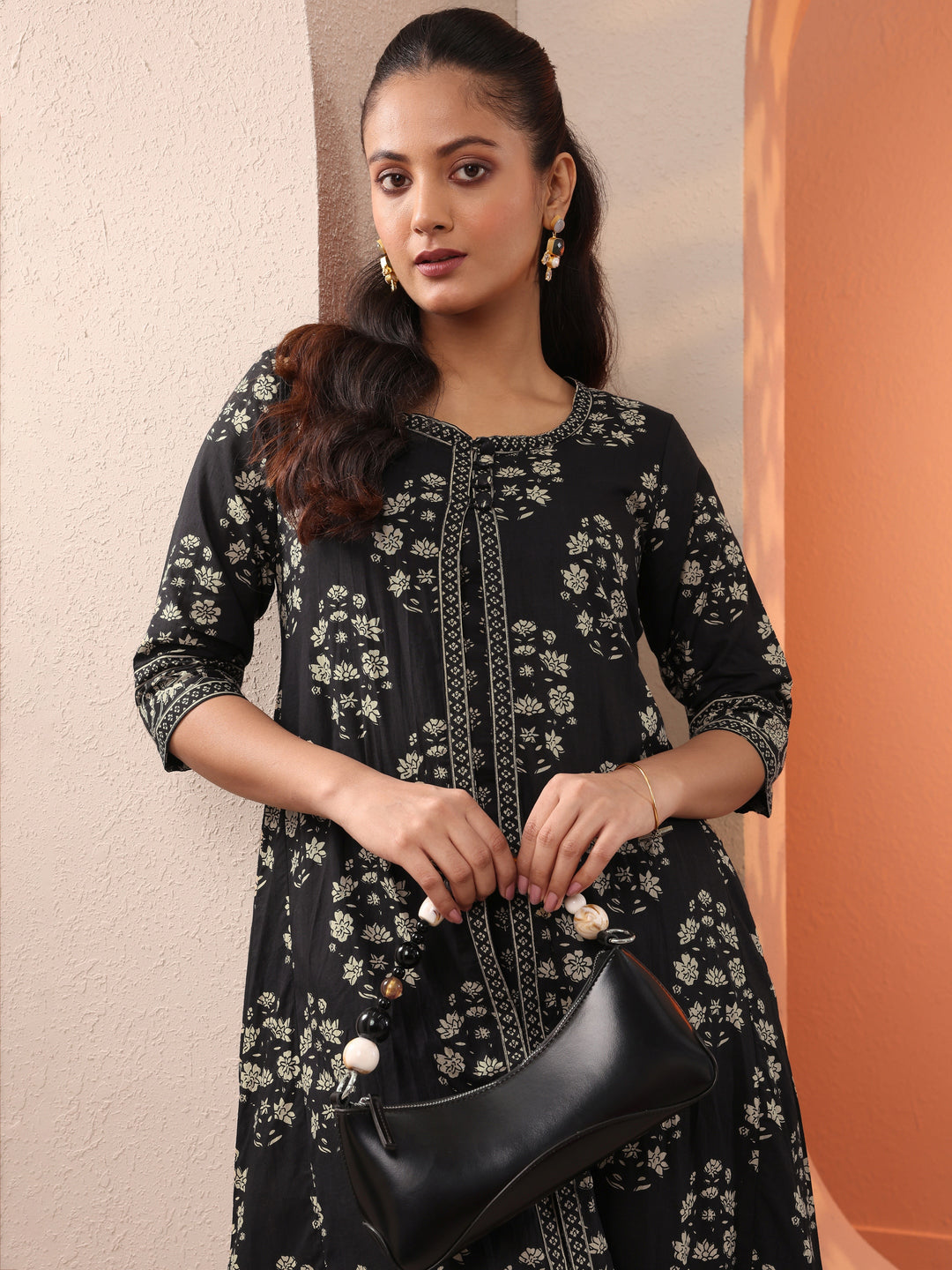  Black Printed Cotton A-Line Suit Set With Jacket 