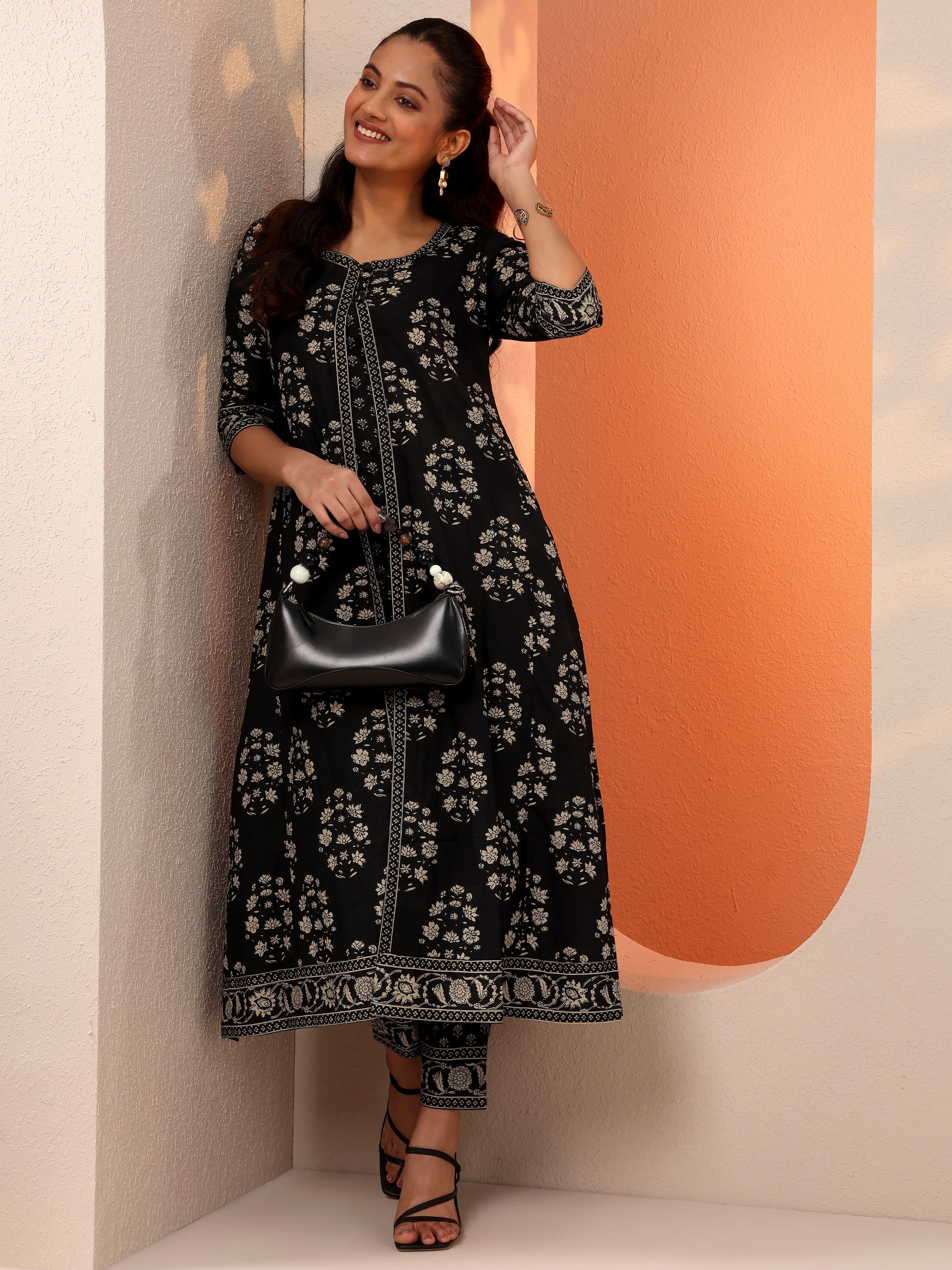 Black Printed Cotton A-Line Suit Set With Jacket-image-7
