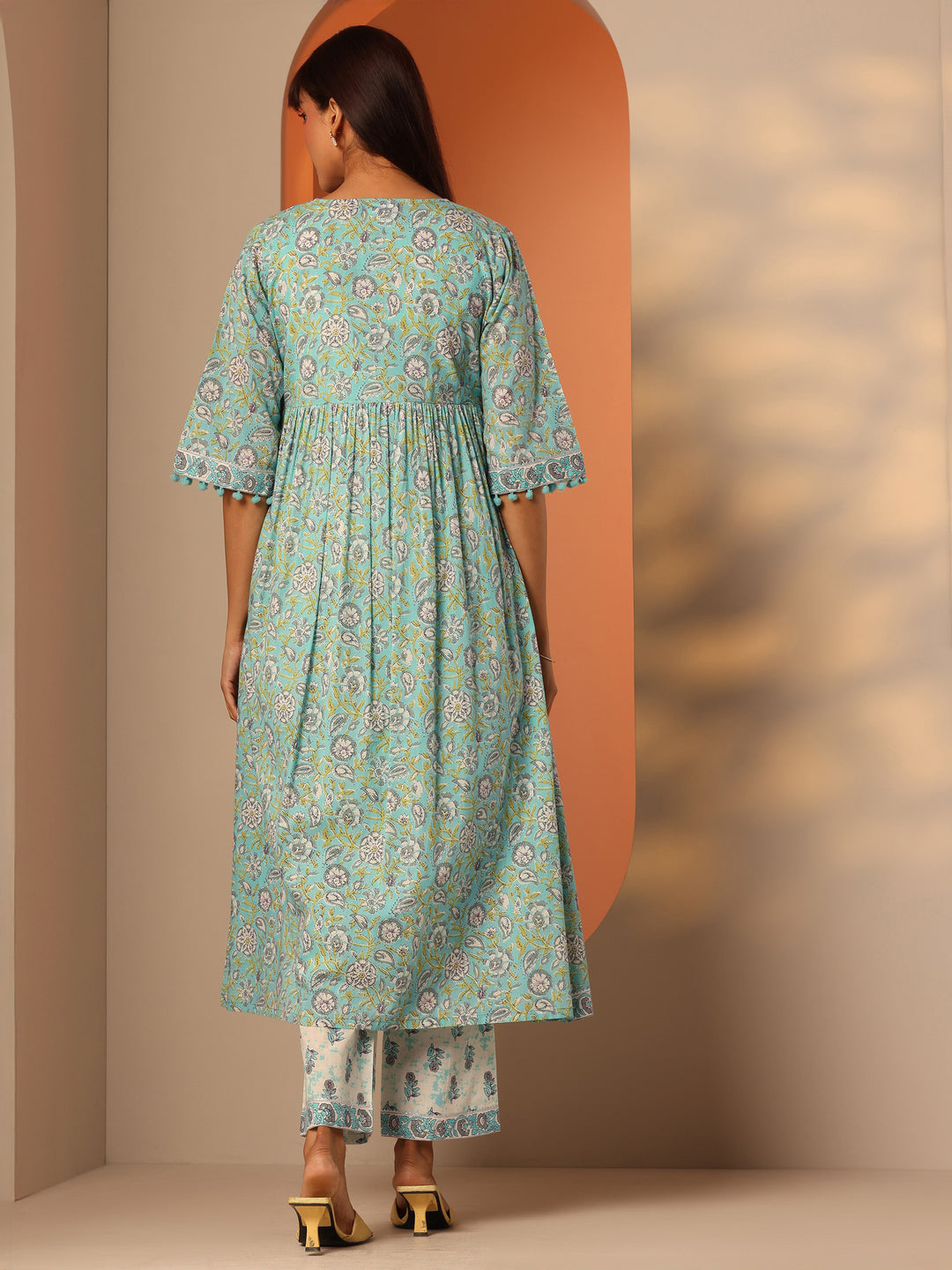  Blue Printed Cotton A-Line Suit Set With Jacket 